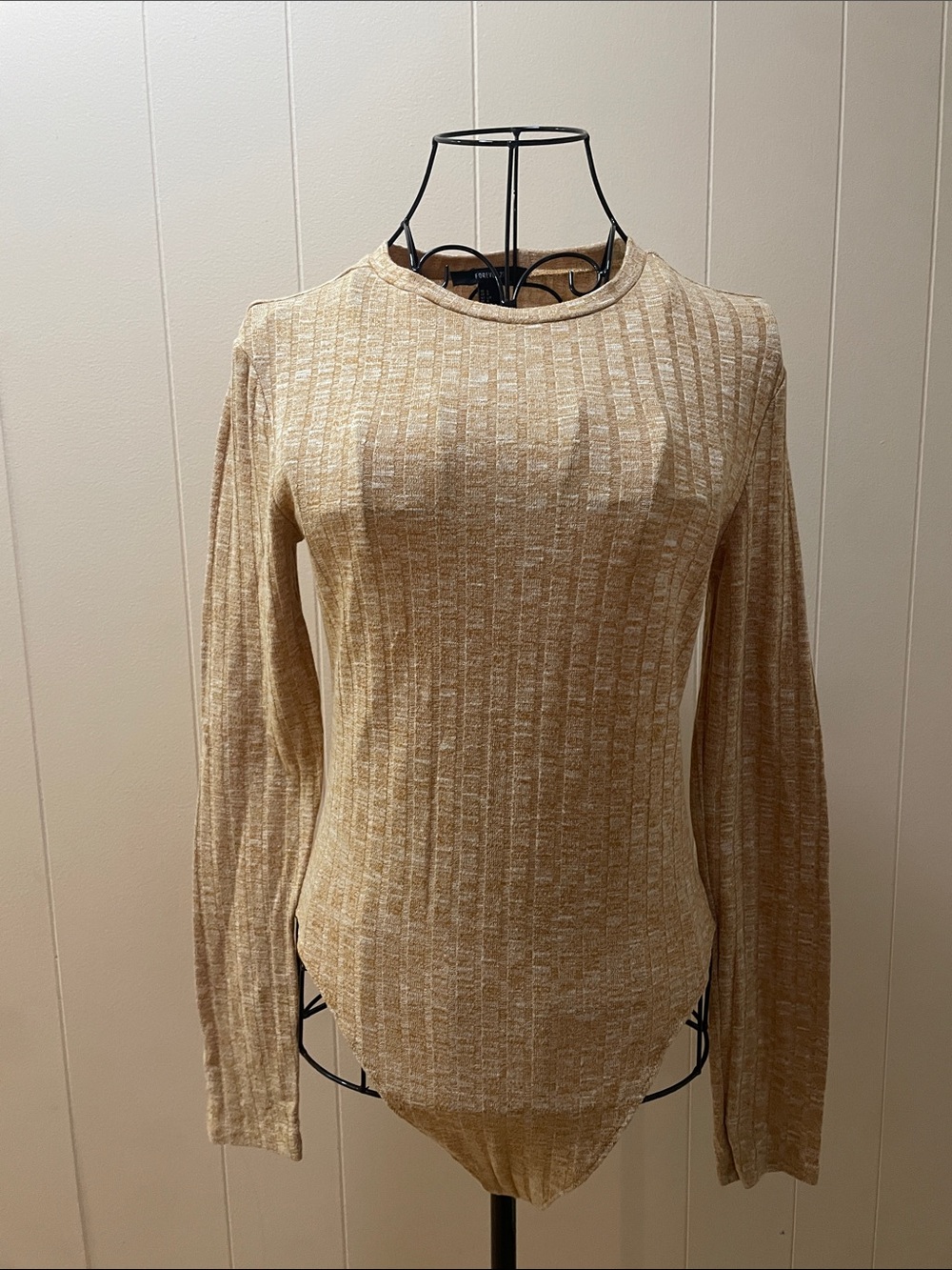Forever 21 Tan Ribbed Long Sleeve Bodysuit